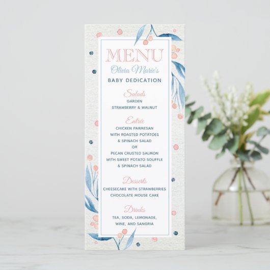 Toewijding Celebration Menu Kaart, Blauw, Blush Pi (Staand voorkant)