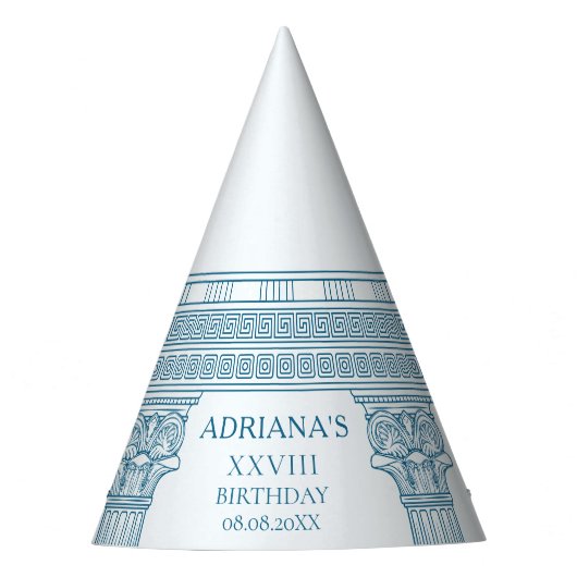 Toga-feest met blauwe meander motief en zuilen feesthoedjes (Voorkant)