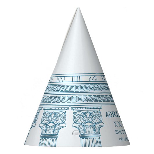 Toga-feest met blauwe meander motief en zuilen feesthoedjes (Links)