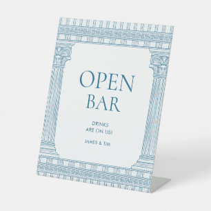 Toga-feest open bar-drankstation met blauwe tempel reclamebord met voetstuk