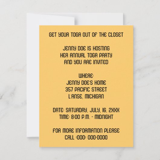 TOGA PARTIJINVITATIE INVITE MET GRIEKS GOD GODDESS KAART (Achterkant)