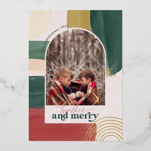 Together en Merry | Foto's met moderne kerstdagen Folie Uitnodiging (Voorkant)