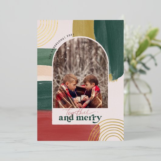 Together en Merry | Foto's met moderne kerstdagen Folie Uitnodiging (Staand Voorkant)