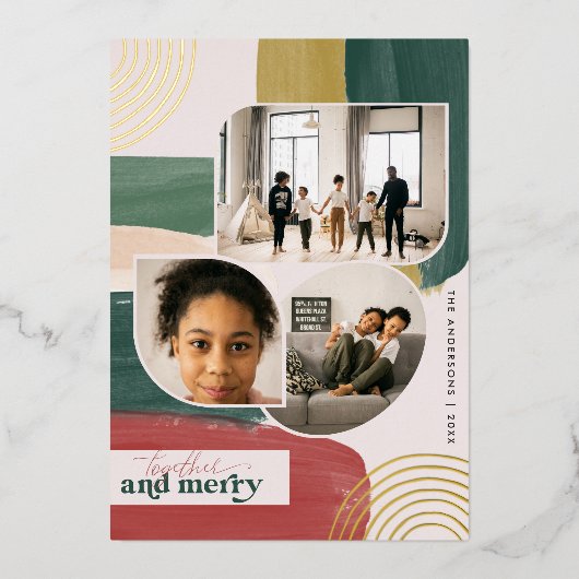 Together en Merry | Moderne Abstracte kerstfoto Folie Uitnodiging (Voorkant)