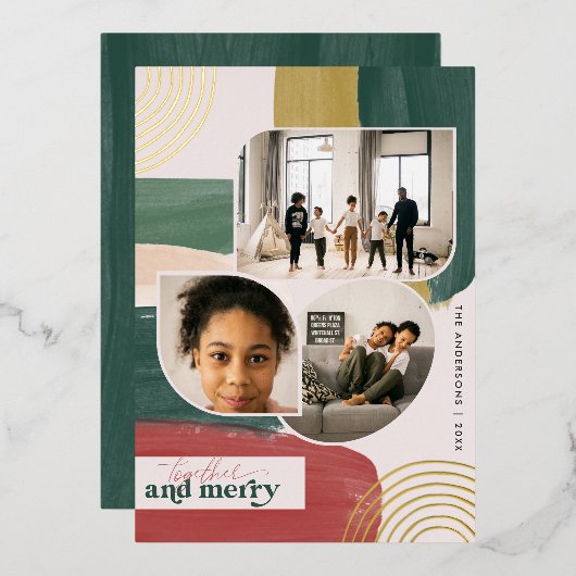 Together en Merry | Moderne Abstracte kerstfoto Folie Uitnodiging (Voorkant / Achterkant)