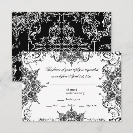 Toile Black n White Damask Swirl Wedding RSVP Card (Voorkant / Achterkant)