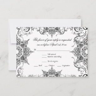 Toile Black n White Damask Swirl Wedding RSVP Card