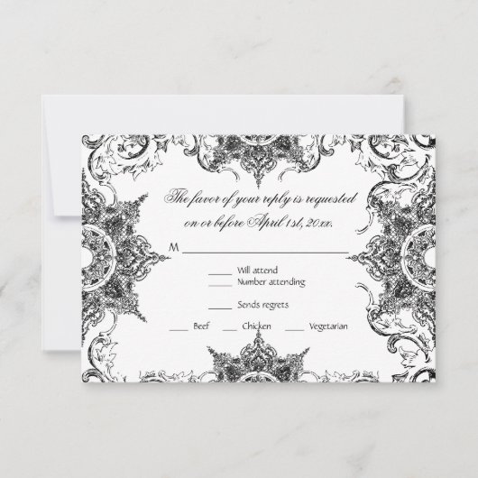 Toile Black n White Damask Swirl Wedding RSVP Card Kaartje (Voorkant)