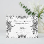 Toile Black n White Damask Swirl Wedding RSVP Card Kaartje (Staand voorkant)