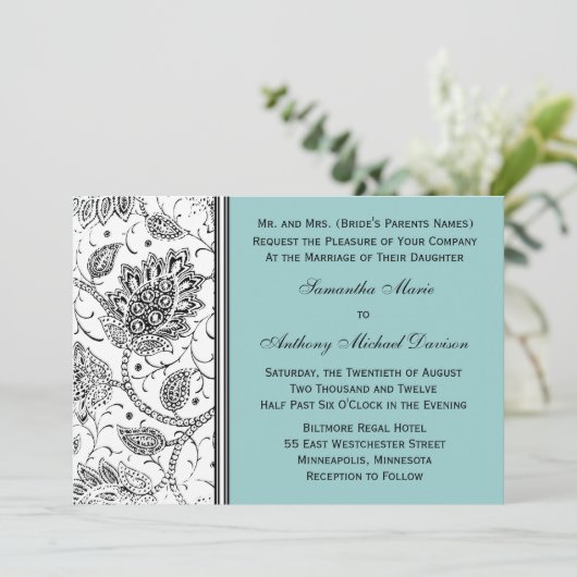 Toile Blauw en Wit Bruiloft Uitnodigingen (Staand voorkant)