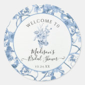Toile Blauw en Wit Elegant Bloemend Bruidsmeisjesf Ronde Sticker (Voorkant)