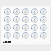 Toile Blauw en Wit Elegant Bloemrijke Bruidsdouche Ronde Sticker (Vel)