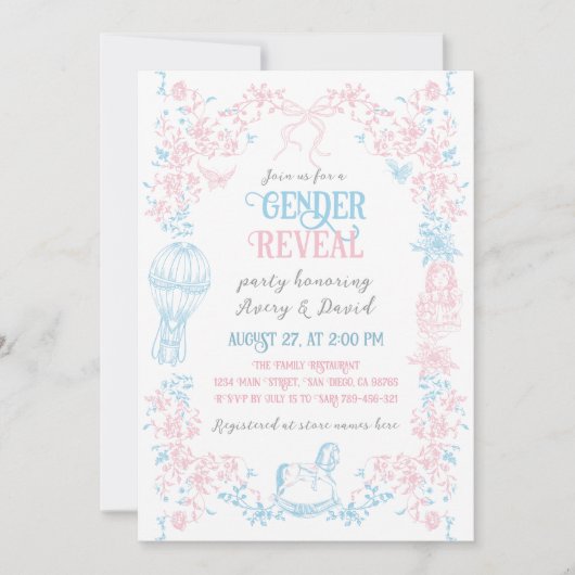 Toile Blauw Roze Classic Speelgoed Bloemen Geslach Kaart (Voorkant)