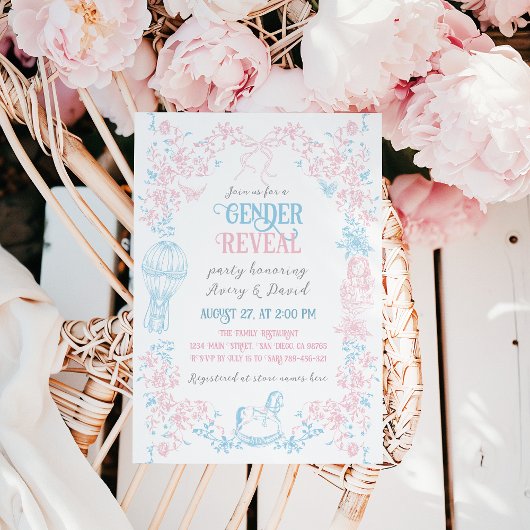 Toile Blauw Roze Classic Speelgoed Bloemen Geslach Kaart