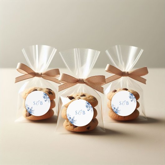 Toile Blauwe Bloemen Ronde bruiloft Sticker Initia