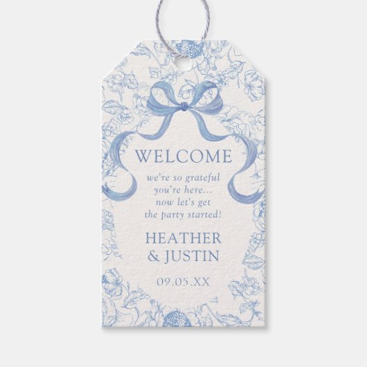 Toile blauwe strik bloemige bruiloft welkom cadeau cadeaulabel (Voorkant)