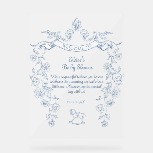 Toile  bloemenblauw Baby shower Welkom Acryl Bord (Voorkant)