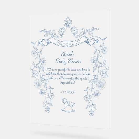 Toile  bloemenblauw Baby shower Welkom Acryl Bord (Hoek)