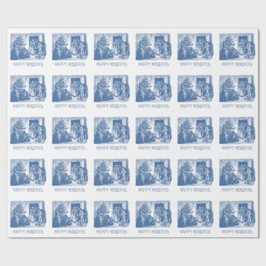 Toile Blue Antiek Kerstmis Cadeaupapier (Vlak)