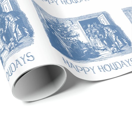 Toile Blue Antiek Kerstmis Cadeaupapier (Rol Hoek)