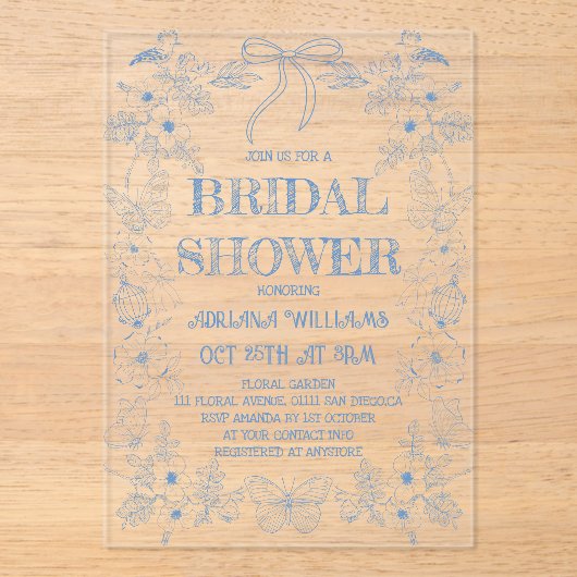 Toile Blue Bow Bruids Douche Uitnodiging (Voorkant)