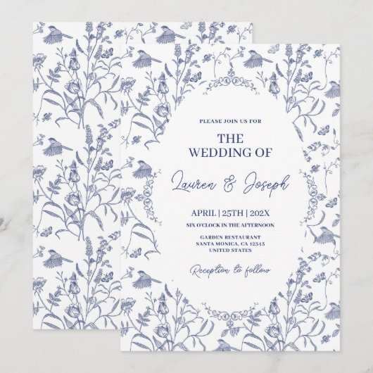 Toile Blue bruiloft Kaart (Voorkant / Achterkant)