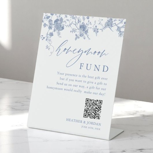 Toile Blue Floral Wedding Honeymoon Fund Reclamebord Met Voetstuk