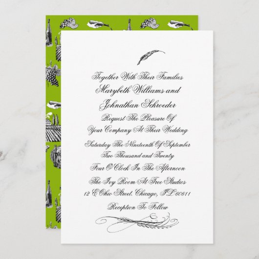 Toile & Calligraphy Flourish Wedding Invitation Kaart (Voorkant / Achterkant)