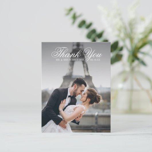 Toile & Calligraphy Wedding Photo Briefkaart (Staand voorkant)