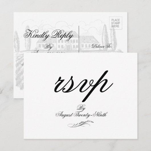 Toile & Calligraphy Wedding RSVP Briefkaart (Voorkant / Achterkant)