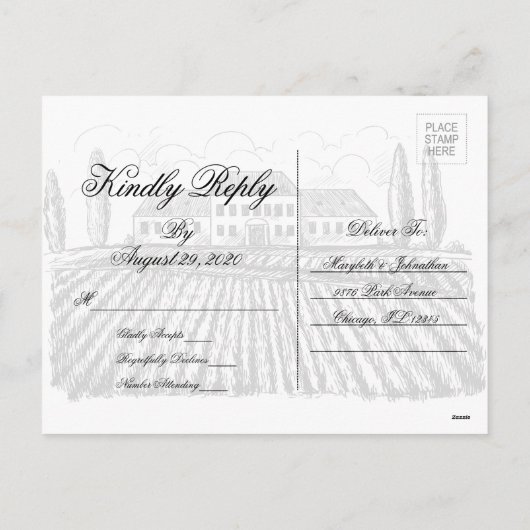 Toile & Calligraphy Wedding RSVP Briefkaart (Achterkant)