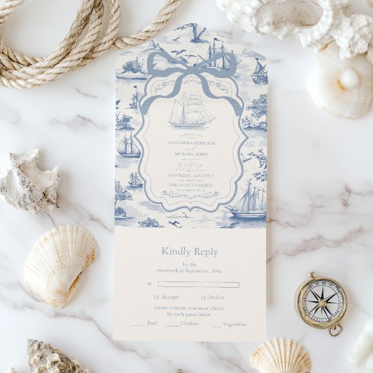 Toile Chic Nautische Boog Wedding All In One Uitnodiging