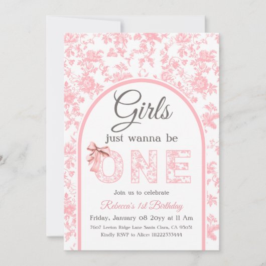 Toile Coquette Pink Bow Girl Eerste 1e verjaardag Kaart (Voorkant)