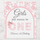 Toile Coquette Pink Bow Girl Eerste 1e verjaardag Wijn Etiket (Enkel label)