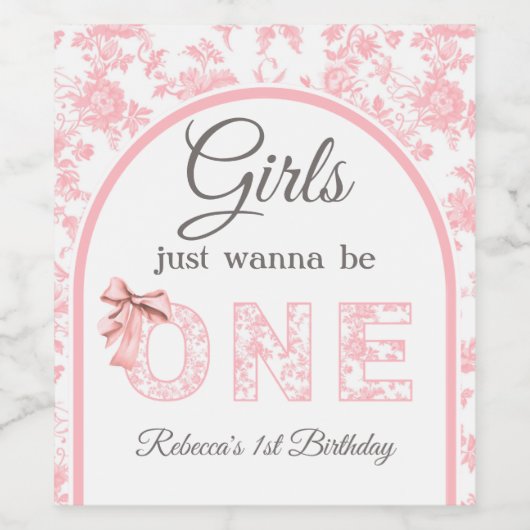 Toile Coquette Pink Bow Girl Eerste 1e verjaardag Wijn Etiket (Enkel label)