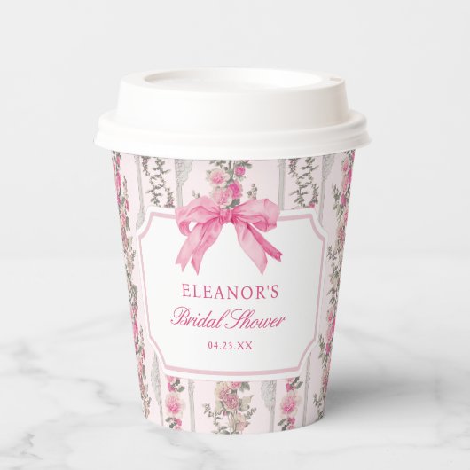 Toile Coquette Roze Bow Vrijgezellenfeest Favors Papieren Bekers (Voorkant)