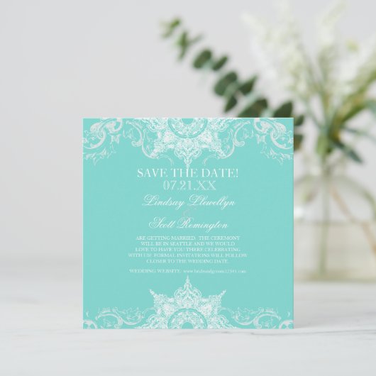 Toile Damask Swirl bewaart de data Save The Date (Staand voorkant)