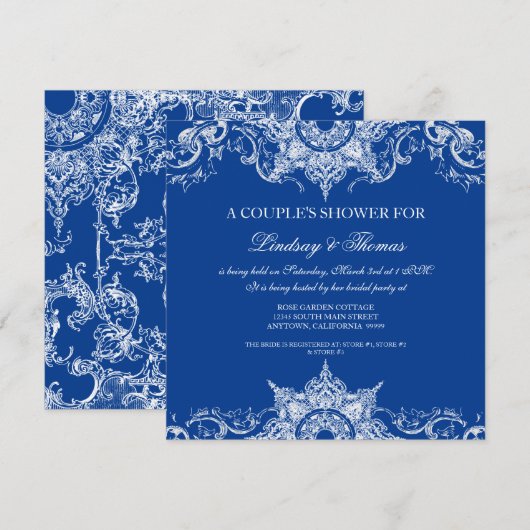 Toile Damask Swirl Couples Douche Royal Blue Kaart (Voorkant / Achterkant)