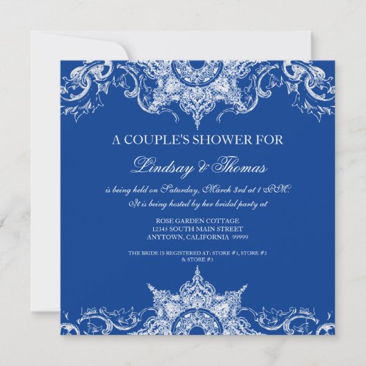 Toile Damask Swirl Couples Douche Royal Blue Kaart (Voorkant)