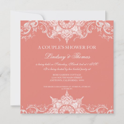 Toile Damask Swirl Couples Shower Coral Pink Kaart (Voorkant)