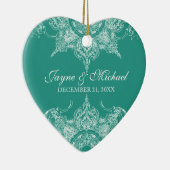 Toile Damask Swirl Eerste Kerst Blauwgroen Groen Keramisch Ornament (Rechts)