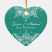 Toile Damask Swirl Eerste Kerst Blauwgroen Groen Keramisch Ornament (Voorkant)