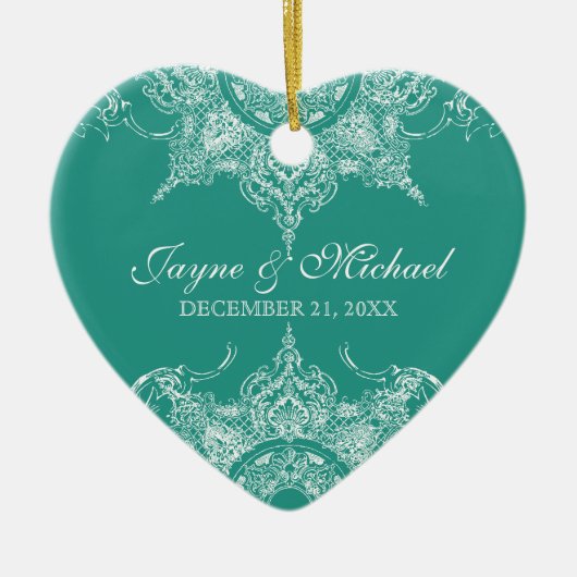 Toile Damask Swirl Eerste Kerst Blauwgroen Groen Keramisch Ornament (Voorkant)