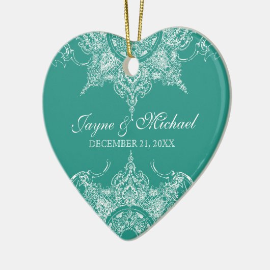 Toile Damask Swirl Eerste Kerst Blauwgroen Groen Keramisch Ornament (Links)