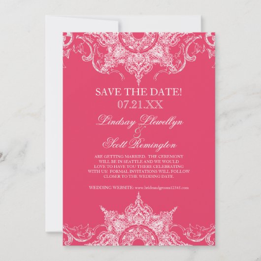 Toile Damask Swirl Save the Dates Hot Pink Kaart (Voorkant)
