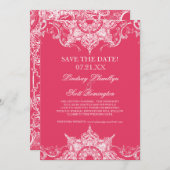 Toile Damask Swirl Save the Dates Hot Pink Kaart (Voorkant / Achterkant)