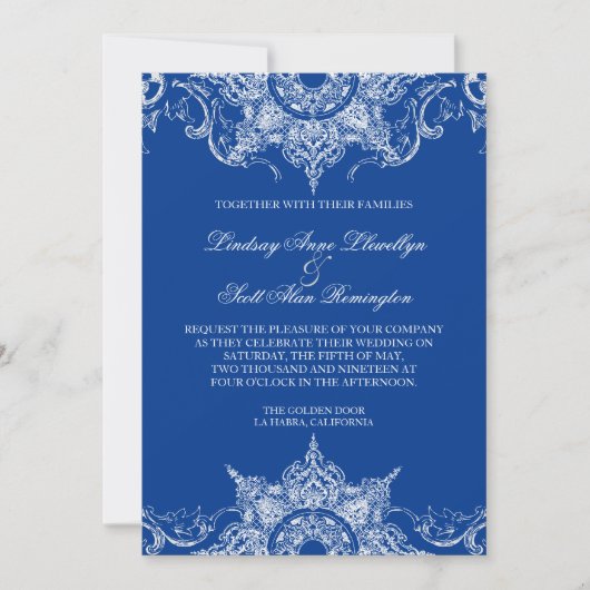 Toile Damask Swirl Wedding Invite Royal Blue Kaart (Voorkant)