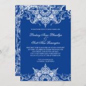 Toile Damask Swirl Wedding Invite Royal Blue Kaart (Voorkant / Achterkant)