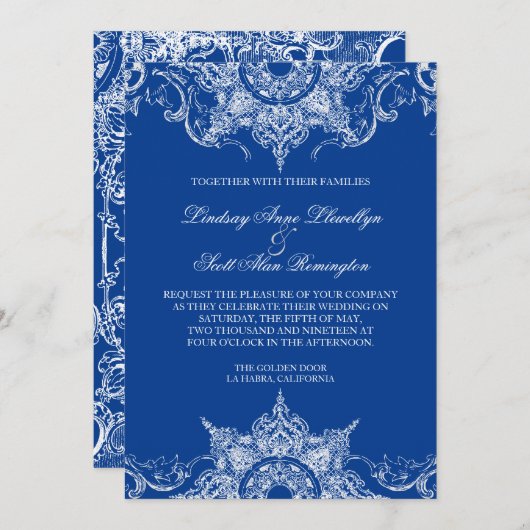 Toile Damask Swirl Wedding Invite Royal Blue Kaart (Voorkant / Achterkant)