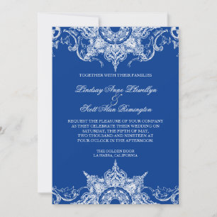Toile Damask Swirl Wedding Invite Royal Blue Kaart